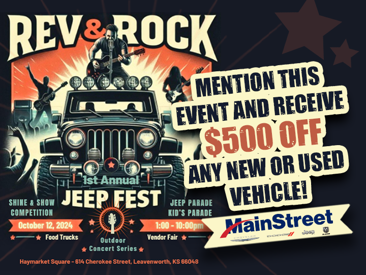 Mainstreet CDJR hosts Rev & Rock Jeep Fest in downtown Leavenworth with Jeeps, live music, and food trucks.